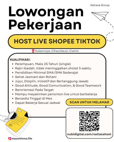 Lowongan Kerja Host Live Shopee & TikTok di Ciamis (Satiasa Group)